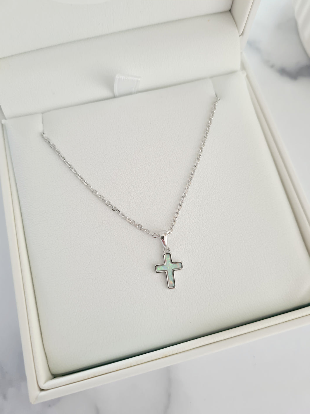 White Opal Small Cross Necklace