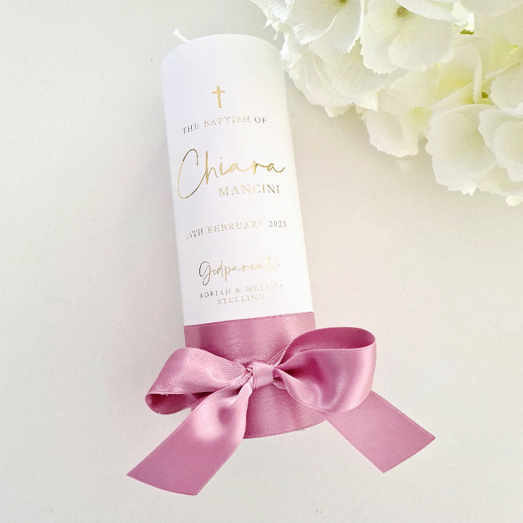 Personalised Baptism Candle, Customised to your colours & fonts. Dusty Pink Ribbon with gold foiling.