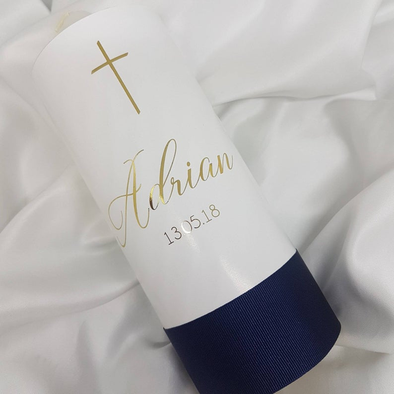 Personalised Baptism Candle, Customised to your colours & fonts. Navy Blue ribbon with gold foiling.