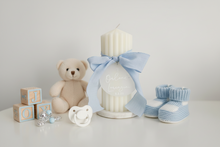 Load image into Gallery viewer, "Orlando" Personalised Baptism Christening Ribbed Candle with Ribbon - theprintedloveco