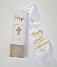 Load image into Gallery viewer, Personalised Baptism Candle, Customised to your colours &amp; fonts. Hessian Ribbon with gold foiling.