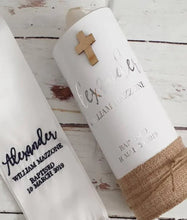 Load image into Gallery viewer, Personalised Baptism Candle, Customised to your colours &amp; fonts. Hessian Ribbon with gold foiling.