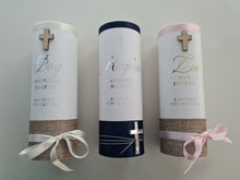 Load image into Gallery viewer, Personalised Baptism Candle, Customised to your colours &amp; fonts. Hessian Ribbon with Silver foiling.