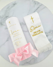 Load image into Gallery viewer, Personalised Baptism Christing Pillar Candle with Baby Pink Satin Ribbon.