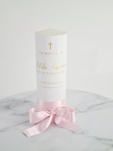 Load image into Gallery viewer, Personalised Baptism Christing Pillar Candle with Baby Pink Satin Ribbon and Gold Foiled Text.