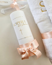 Load image into Gallery viewer, Personalised Baptism Christing Pillar Candle with Beige Satin Ribbon and Gold Foiled Text.