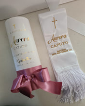 Load image into Gallery viewer, Personalised Baptism Christing Pillar Candle with Dusty Pink Satin Ribbon. 