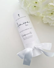 Load image into Gallery viewer, Personalised Baptism Christing Pillar Candle with White Satin Ribbon.