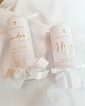 Load image into Gallery viewer, Personalised Baptism Christing Pillar Candle with White Satin Ribbon and Gold Foiled Text.