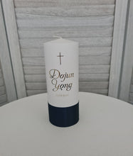 Load image into Gallery viewer, Personalised Baptism Candle, Customised to your colours &amp; fonts. Navy Blue ribbon with gold foiling.