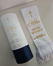 Load image into Gallery viewer, Personalised Baptism Candle, Customised to your colours &amp; fonts. Navy Blue ribbon with gold foiling.
