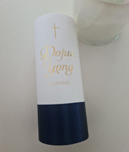 Load image into Gallery viewer, Personalised Baptism Candle, Customised to your colours &amp; fonts. Navy Blue ribbon with gold foiling.