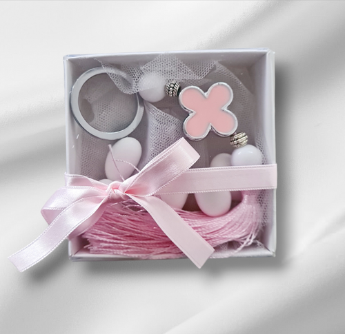 Pink cross keyring bombonniere.