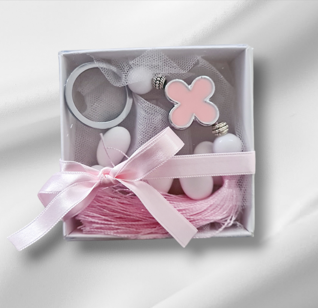 Pink cross keyring bombonniere.