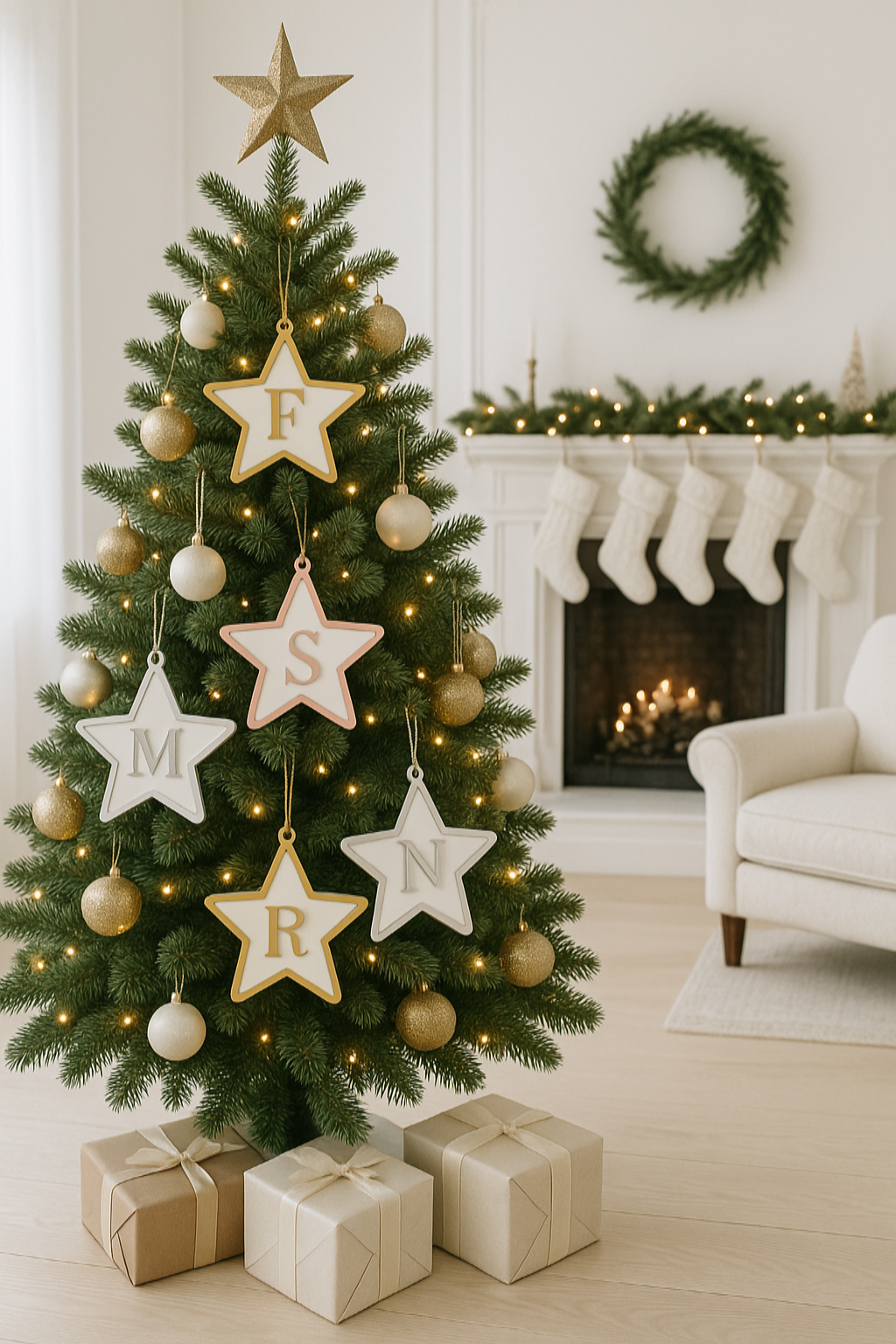 Initial Star Gold & White Bauble Christmas Decoration