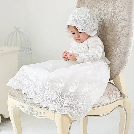 2 Piece Long Sleeve Girls Christening/Baptism Dress - theprintedloveco