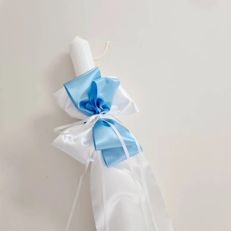 White/Blue Bow Orthodox Candle - theprintedloveco